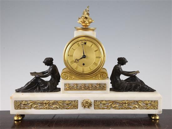 A 19th century English bronze and ormolu mounted white marble mantel timepiece, 10.5in.